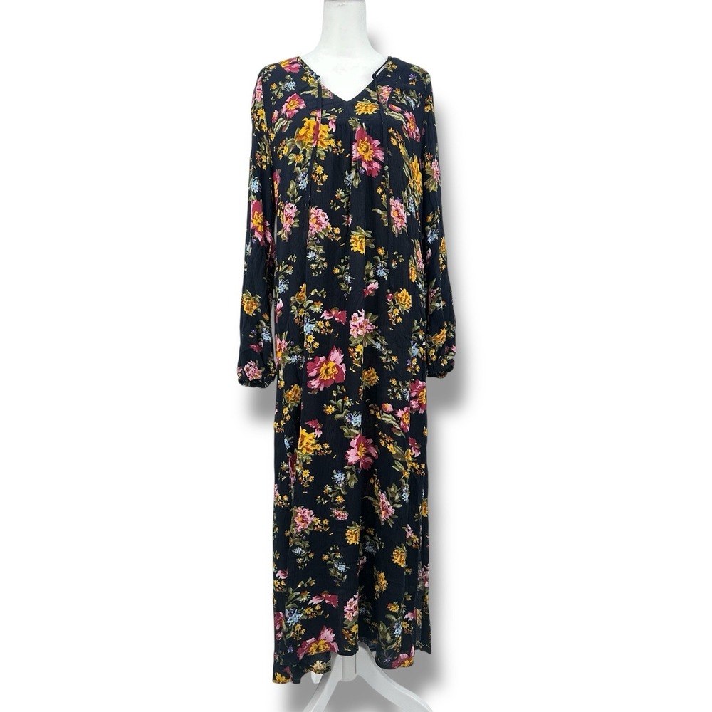 Natural Life Black Floral Boho Maxi Dress M Side Slit Prairie Cottage Resort NWT